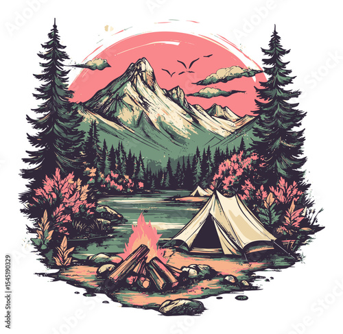 Serene Camping Scene with Tents and Mountains Under Pink Sky at Twilight