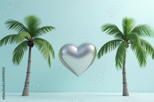 image shows two palm trees silver balloon set blue background