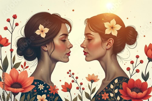 image shows two women flowers hair looking surrounded vibrant array flowers lush green leaves b