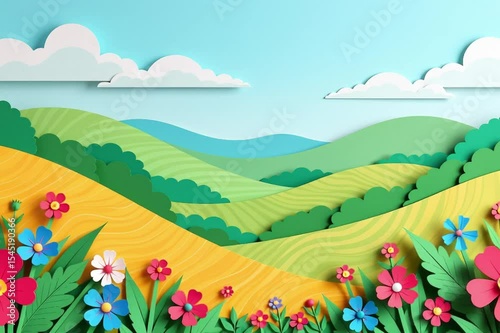 image shows beautiful landscape field flowers foreground mountains background sky bright blue wh