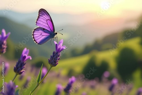 image shows beautiful purple butterfly perched atop lavender flower surrounded lush green plants trees majestic mountains