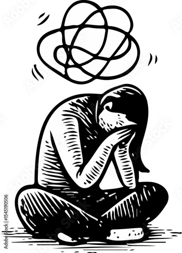 Woman sitting cross-legged with scribbles over her head, symbolizing anxiety and overthinking in a hand-drawn emotional style