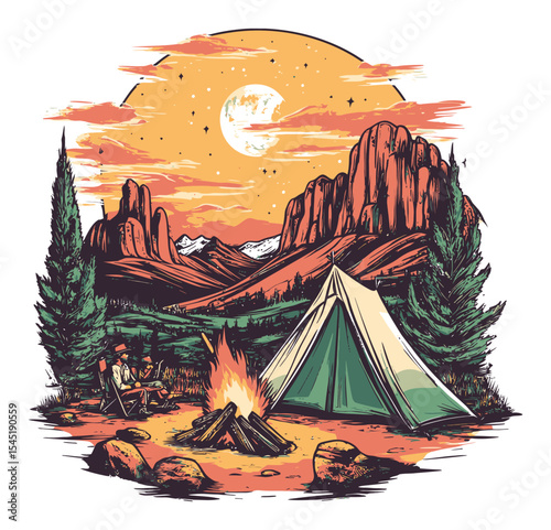 Serene Camping Scene Under Moonlit Sky with Mountains and Firewood