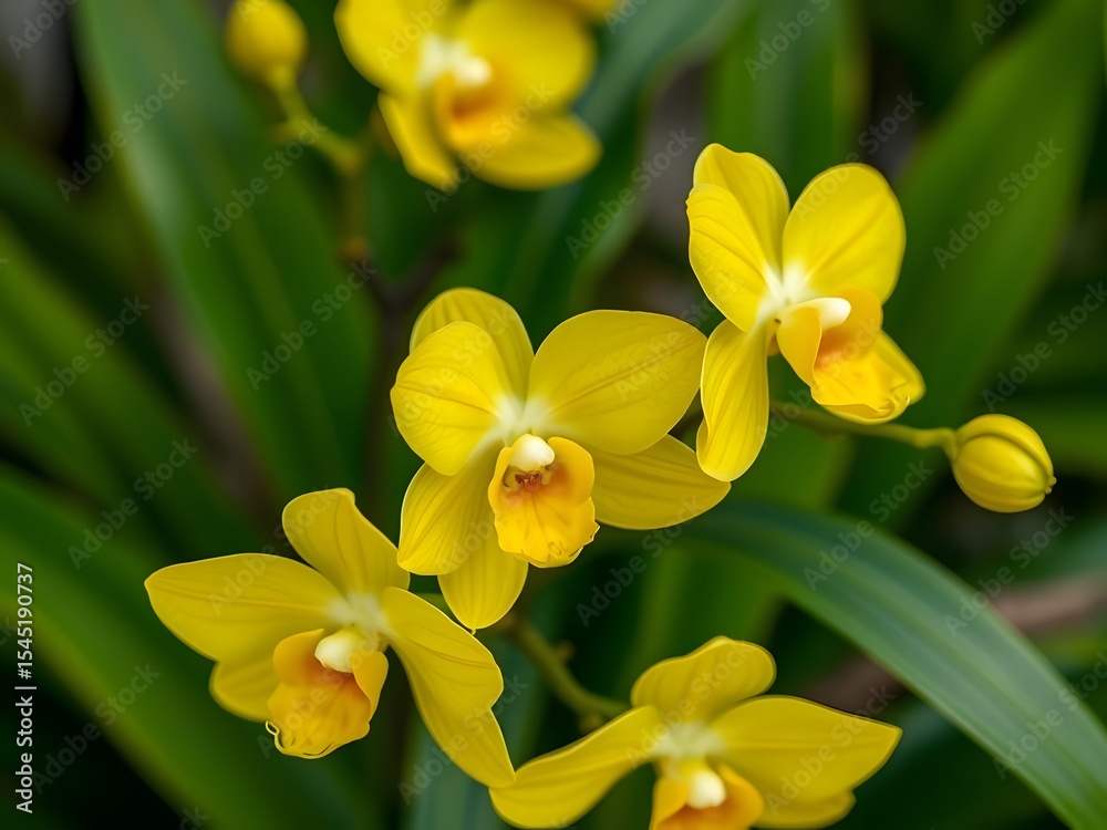 Obraz premium Bright Yellow Spathoglottis Orchids in Lush Greenery