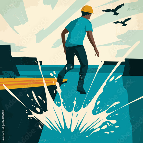 Construction Worker on a Board Bold Graphic Design Teal Water Splashing Dynamic Action Scene Powerful Energy Industrial Theme Yellow Helmet Blue Shirt Stylish Illustration Vibrant Colors Modern Art   