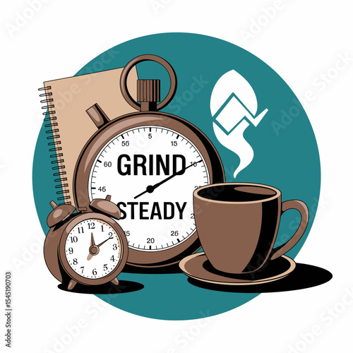 Steady Grind Morning Coffee Business Concept Illustration Retro Stopwatch Alarm Clock Notebook Cup Teal Background Productivity Time Management Graphic Design Element Vintage Style Image Perfect for  