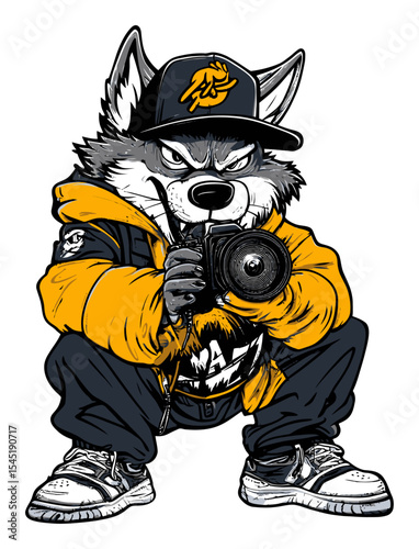 Stylized Wolf Character Capturing Moments with a Camera in Streetwear Fashion