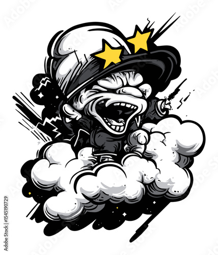 Cartoon Character with Stars, Clouds, and Bold Expression in Vector Style