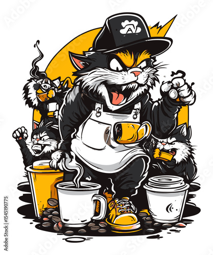 Playful Cat Barista with Coffee Cups and Expressive Cat Characters