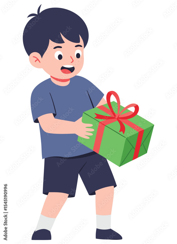Joyful Boy Excitedly Unwrapping a Green Gift Box with a Red Ribbon for His Birthday Surprise Celebration Joyful Boy Excitedly Unwrapping a Green Gift Box with a Red Ribbon for His Birthday Surprise Celebration