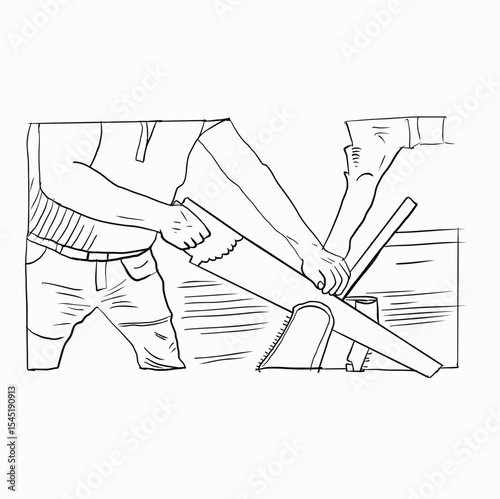 black and white line. Man Sawing Wood. Woodworking with a Hand Saw. Carpenter Cutting Wood. Cartoon Style Illustration