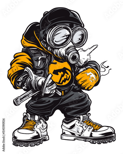 Urban Street Art Illustration of Character in Gas Mask with Bold Style