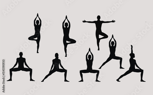 Silhouette Showcase Various Yoga Poses for Wellness and Strength on a Neutral Background, Promoting Flexibility and Balance