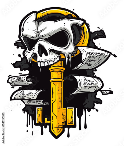 Striking Skull and Key Design with Scrolls and Ink Splashes for Graphic Art