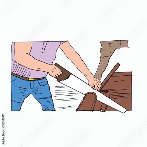 Man Sawing Wood. Woodworking with a Hand Saw. Carpenter Cutting Wood. Cartoon Style Illustration