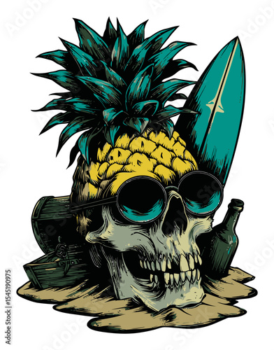 Creative Skull with Pineapple and Surfboard Vector Art for Beach Style