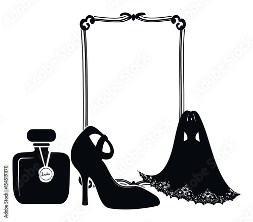 Elegant Silhouette of Perfume Bottle, High Heel Shoe, and Lace Dress