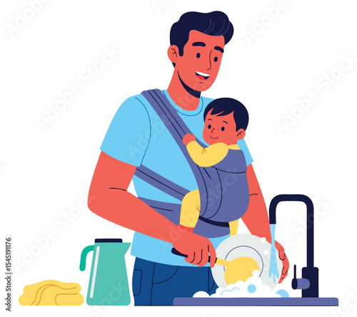 Engaging Dad Multitasking at Home While Washing Dishes with Baby in Carrier, Celebrating Modern Fatherhood and Parenting Skills