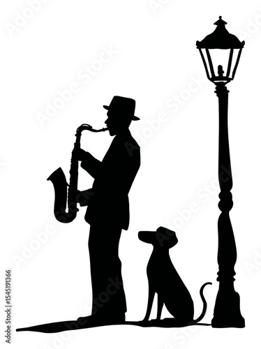 Silhouette of a Musician Playing Saxophone with a Dog Near a Street Lamp