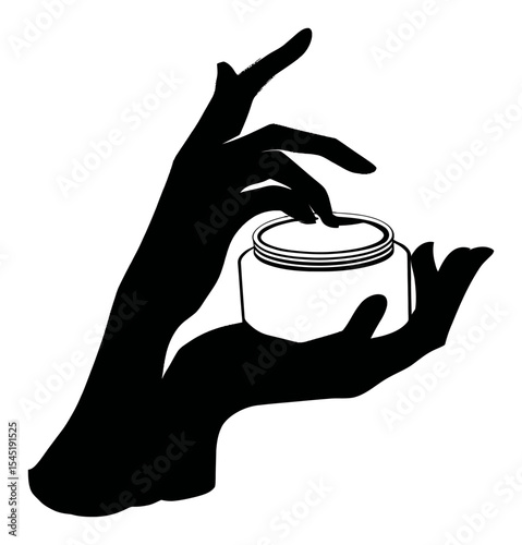Elegant Silhouette of Hand Reaching for Cosmetic Cream Jar in Black
