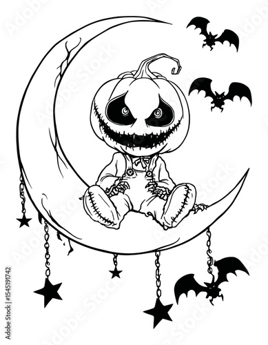 Hand Drawn Halloween Pumpkin Character Sitting on Crescent Moon
