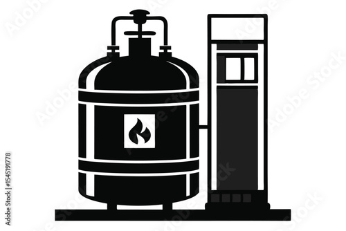 Black Silhouette Illustration of a Gas Tank and Industrial Equipment with Flame Symbol