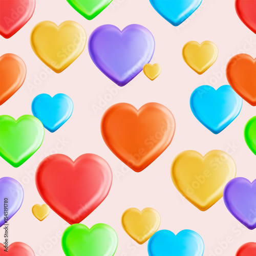 Colored cute hearts on pink background seamless pattern. Red hearts seamless girlish background. Suitable for prints, wrapping and backgrounds, gift wrapping. Vector illustration.