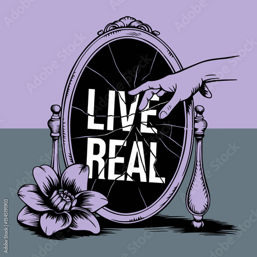 Broken Mirror Hand Live Real Authentic Life Design Illustration Graphic Art Vintage Style Hand Drawn Purple Flower Elegant Motivational Inspirational Artwork Digital Print dark mood truth image retro 