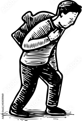 Lonely man walking with backpack, bent posture expressing sadness and mental burden in emotional line art style