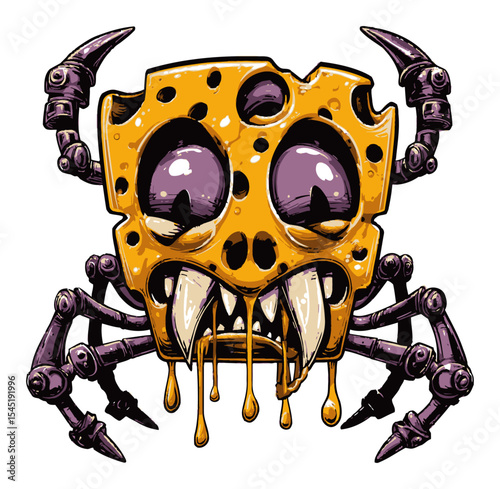 Cartoon Cheese Spider with Creepy Features and Vibrant Colors