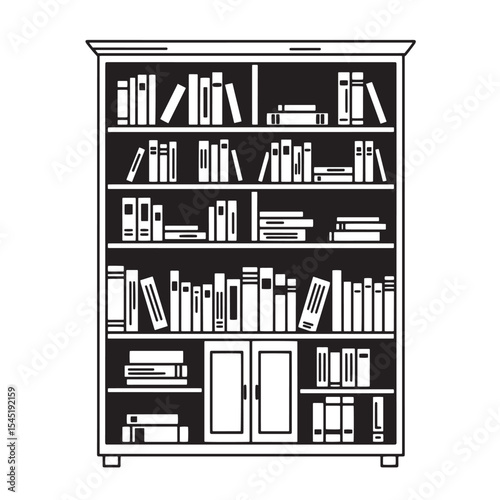 A classic vintage art silhouette of a full bookshelf showing books in a library or home office
