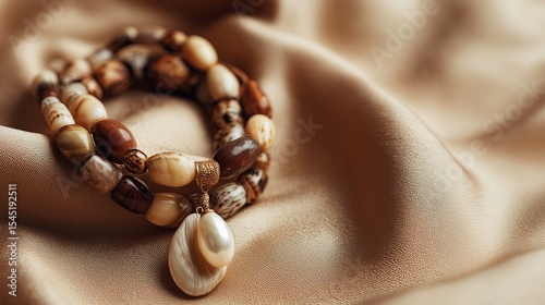 Bohemian shell bracelet with pearl pendant on beige silk cloth  