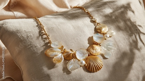 High-end catalog shot of sea-inspired necklace with polished shells and pearls on linen pillow  