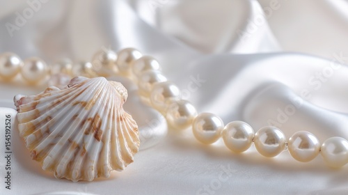 Close-up of luxurious seashell and pearl necklace on white satin fabric  