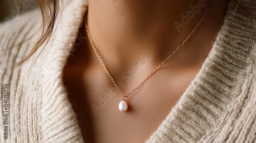 Close-up of model's neck and collarbone with pearl pendant in soft light  