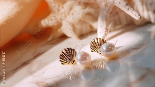Close-up of designer pearl earrings with tiny shells on glossy marble  