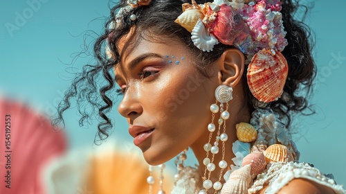 Fashion portrait of a model with pearl and seashell hair accessories in tropical background  