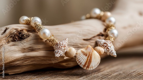 Beach-themed necklace with shells and pearls arranged on driftwood  
