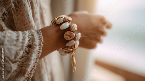 Elegant female hand holding handmade shell bracelet in soft light  