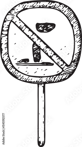 A black-and-white sketch of a warning or directional sign,  ideal for cleaning zones or restricted areas, perfect for safety and maintenance themes