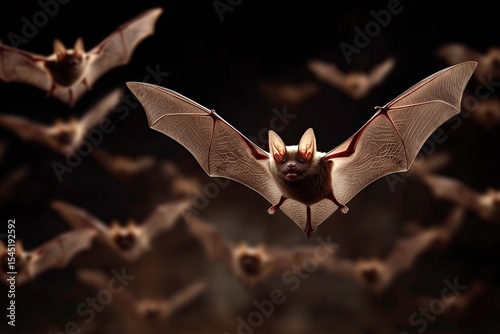 Flock of brown long-eared bats flying low over countryside at night  