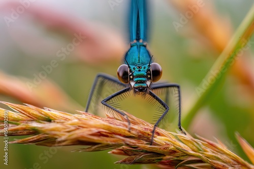 Extreme close-up of beautiful demoiselle damselfly on grass reed  