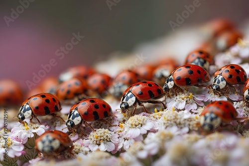 Close-up of ladybirds on flowering yarrow in garden in Kent, England  