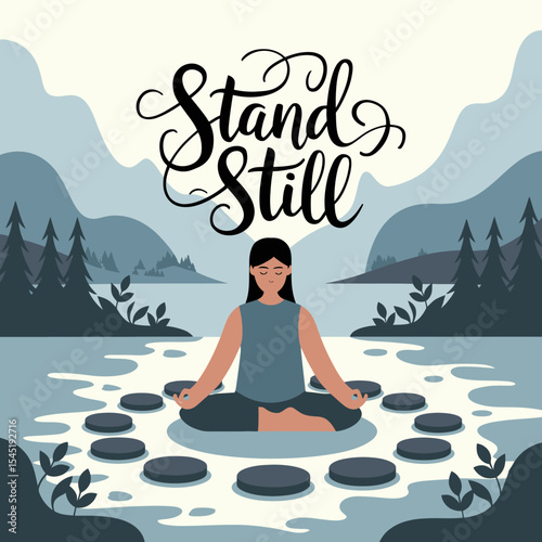Peaceful Woman Meditating Lotus Pose Stillness Serenity Nature Calm Yoga Mindfulness Spiritual Tranquility Breath Relaxation Quiet Peaceful Lake Mountains Landscape Blue Green Tones Illustration      