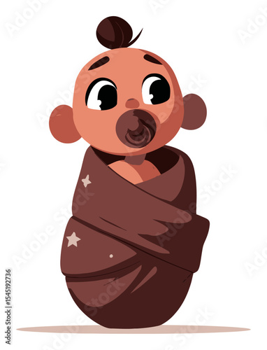Cute Cartoon Baby Character in Swaddle with Big Expressive Eyes