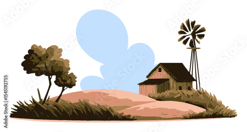 Rustic Cartoon Farm Scene with House, Windmill, and Trees on Rolling Hills