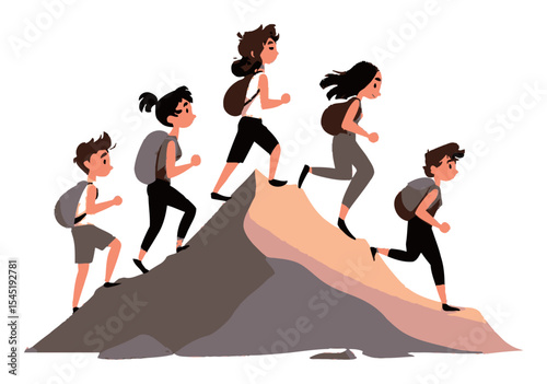 Vector Cartoon of Young Hikers Climbing a Mountain in a Stylized Landscape