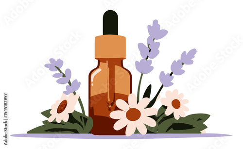 Cartoon Vector Illustration of Essential Oil Bottle Surrounded by Flowers