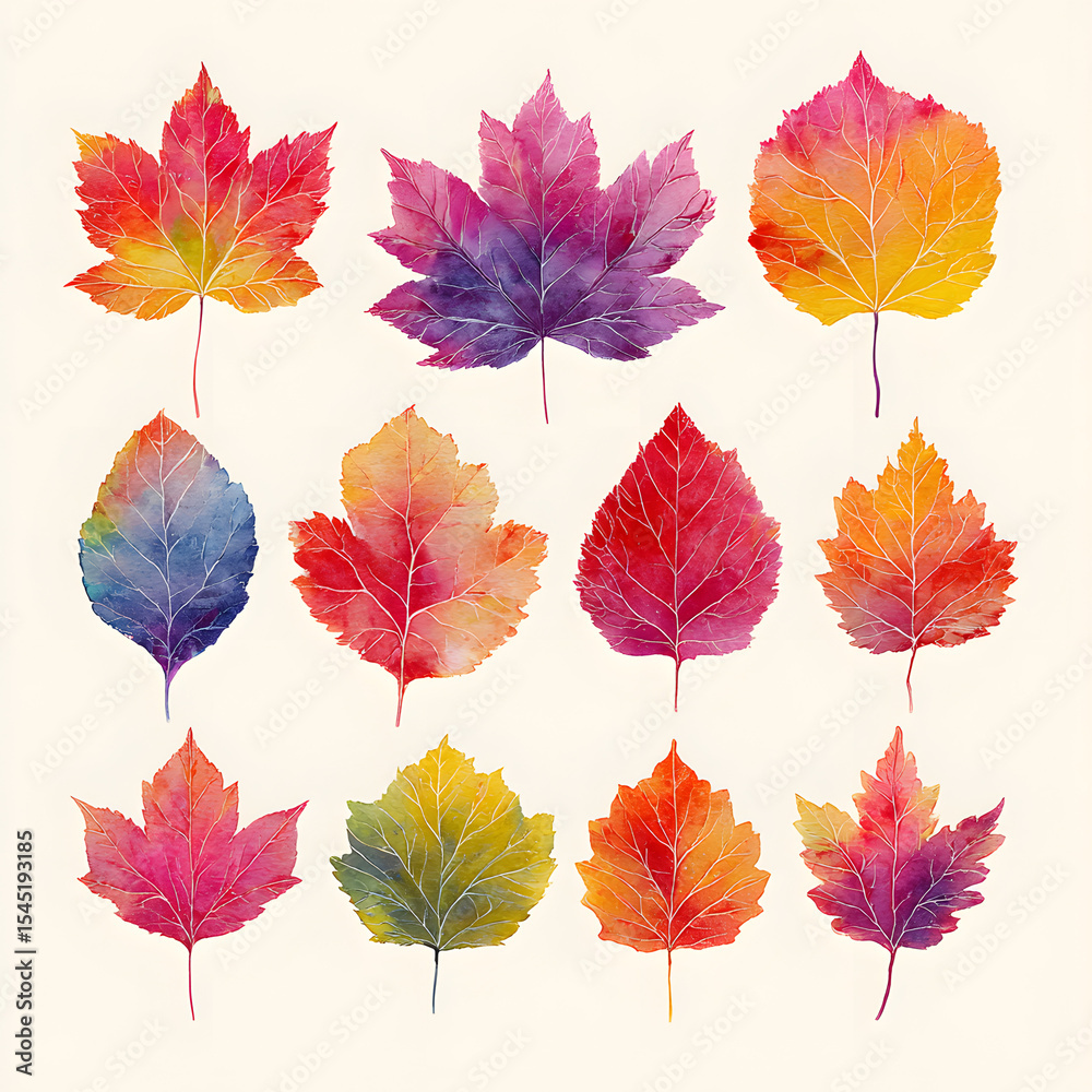 Obraz premium Hojas de arce estilo acuarela de varias formas, estilo recortado, aisladas sobre un fondo blanco.