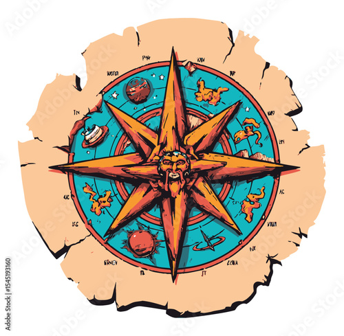 Intricate Vintage Compass Rose Design with Celestial Elements and Symbols